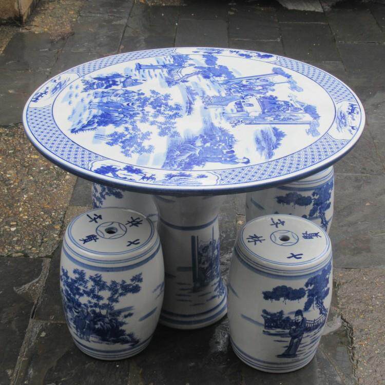 陶瓷桌椅摆件 陶瓷桌子凳子家居庭院中式摆件青花瓷竹林七贤圆桌