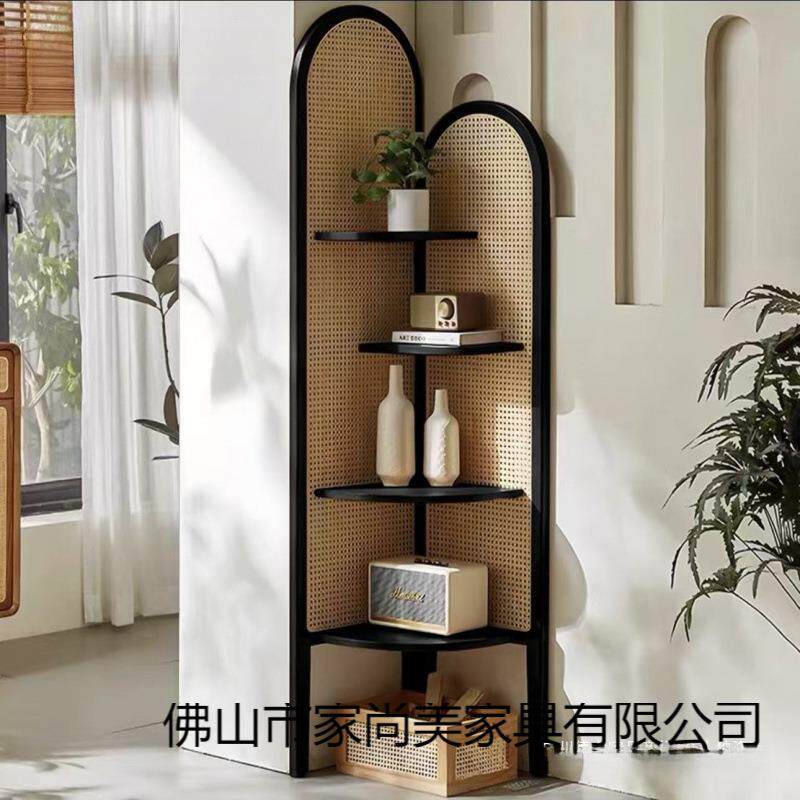 实木角柜客厅复古沙发墙边藤编置物架子中古卧室拐角三角柜收纳架