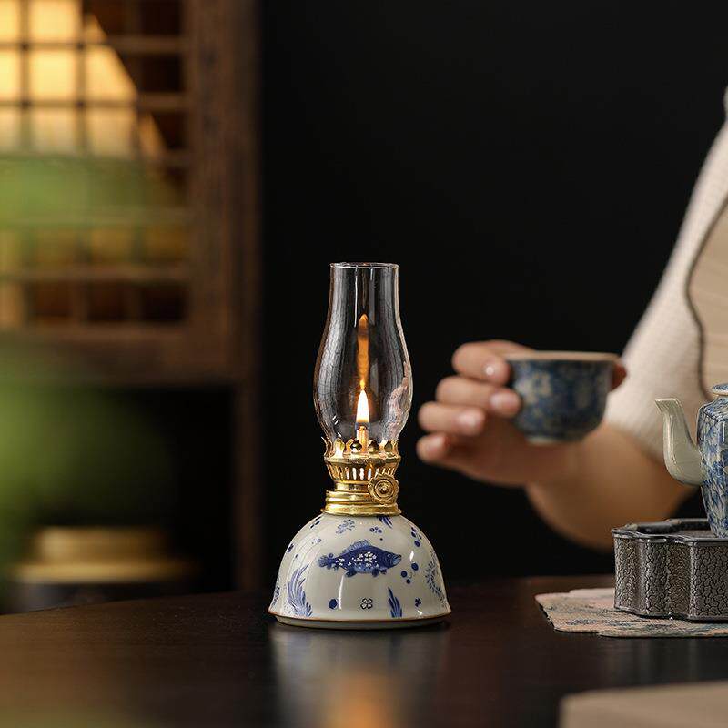 老式玻璃酥油灯传统青花陶瓷茶室家居摆件灯芯仿古供佛拜神照明灯