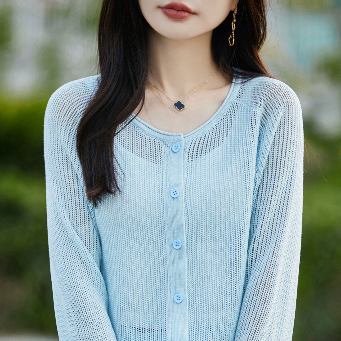 高端天丝亚麻网格镂空针织开衫女长袖轻薄防晒衣春夏外搭披肩罩衫