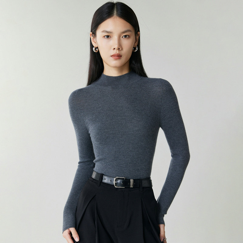精纺薄款半高领纯羊绒衫女长袖套头修身针织打底衫软糯内搭上衣