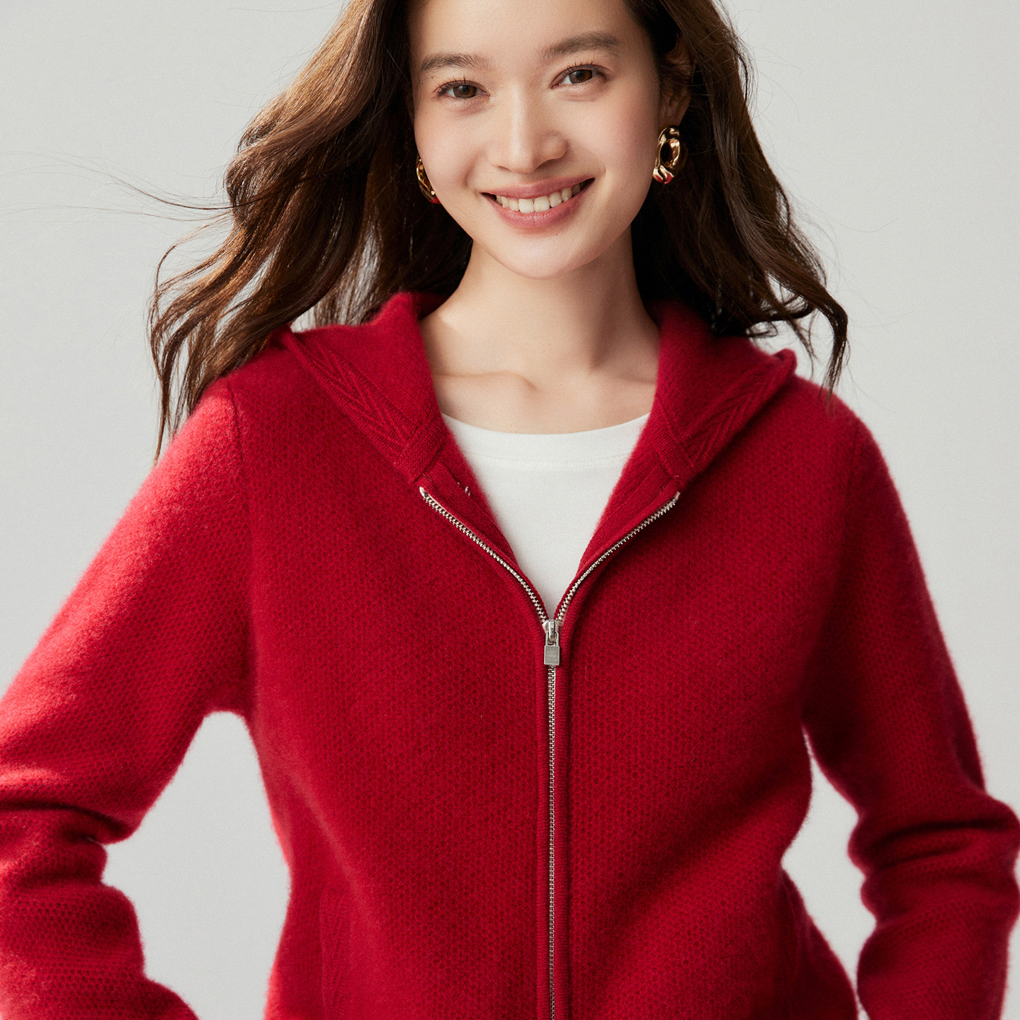 连帽双拉链100%纯山羊绒开衫女