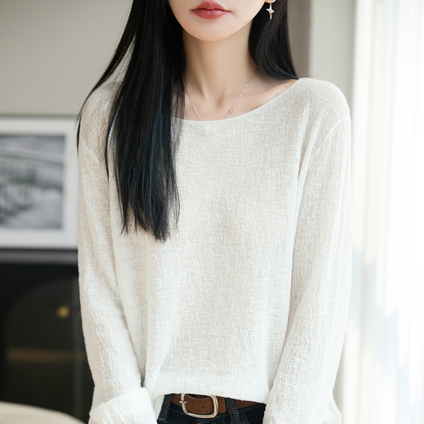 宽松肌理镂空微透天丝防晒针织罩衫女夏卷边一字领长袖薄气质上衣