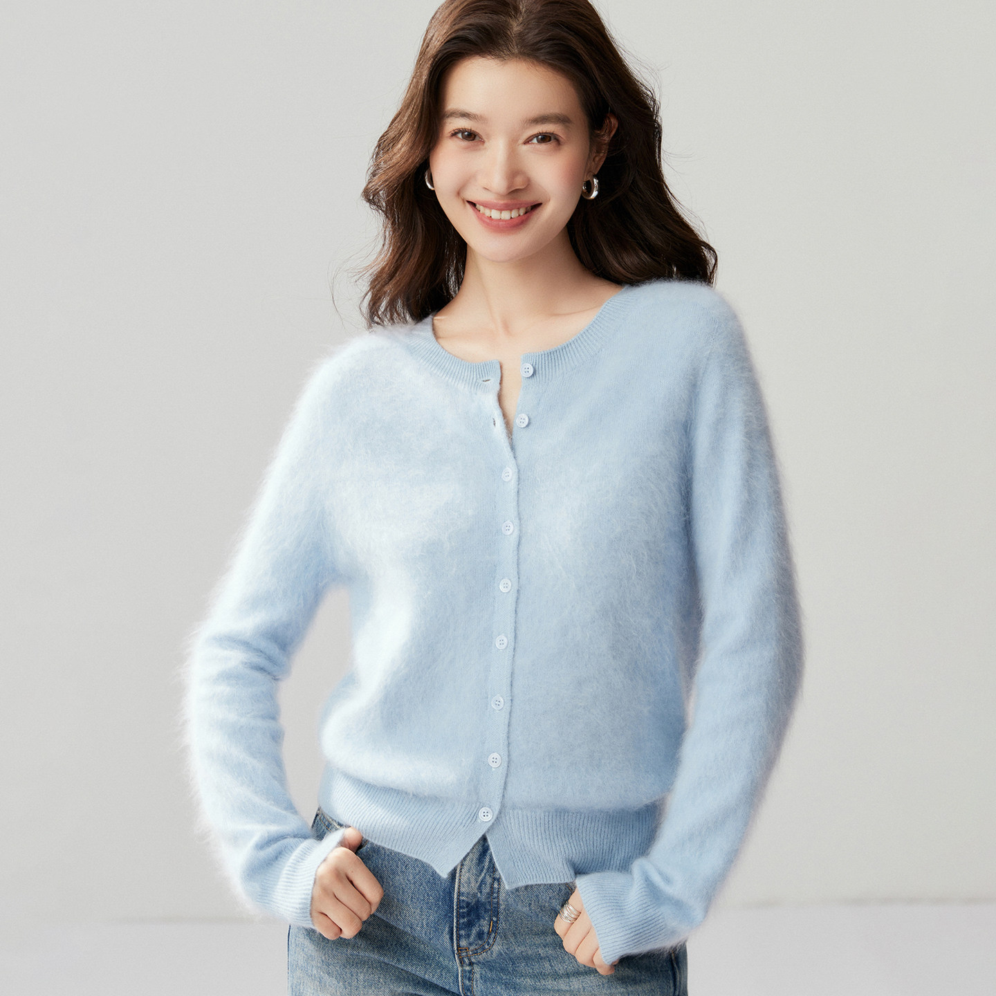 圆领拉绒毛衣100%纯山羊绒开衫女