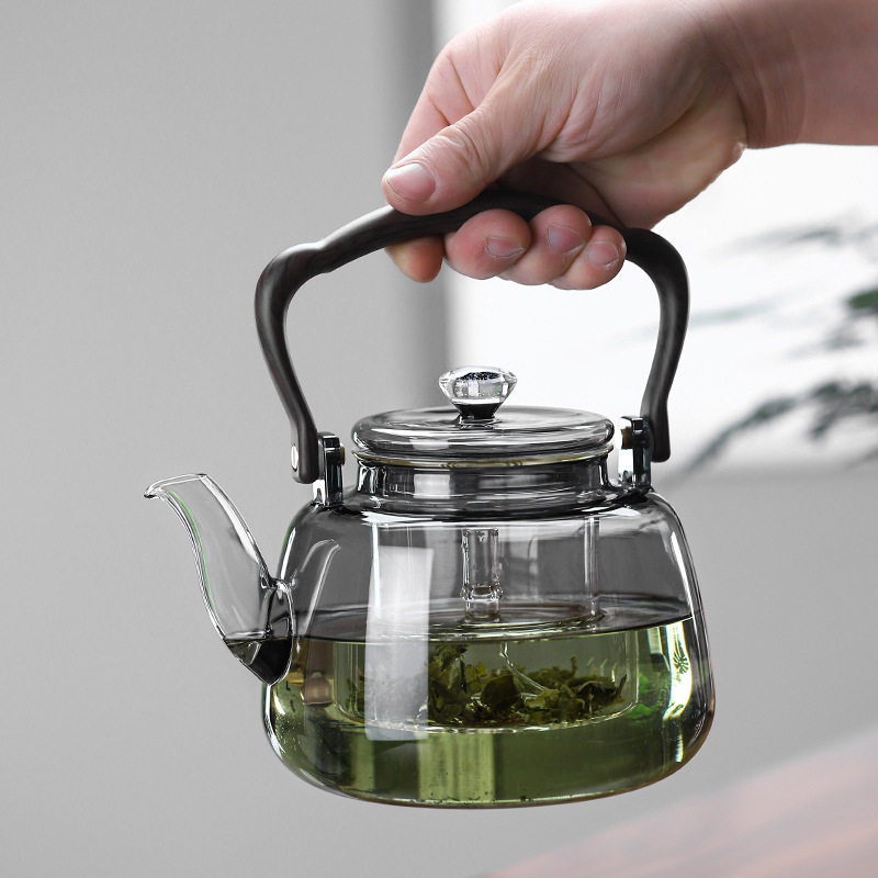 耐高温高硼硅玻璃提梁壶泡茶壶大容量茶壶烟灰色蒸煮一体烧水壶