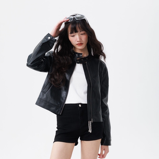 春季 修身 型设计款 HSNH 时尚 皮衣 钉扣工装 休闲外套 琥珀流光短款