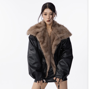 HSNH【可拆卸毛领座山雕】冬季加厚保暖棉衣黑色时尚翻领外套棉服