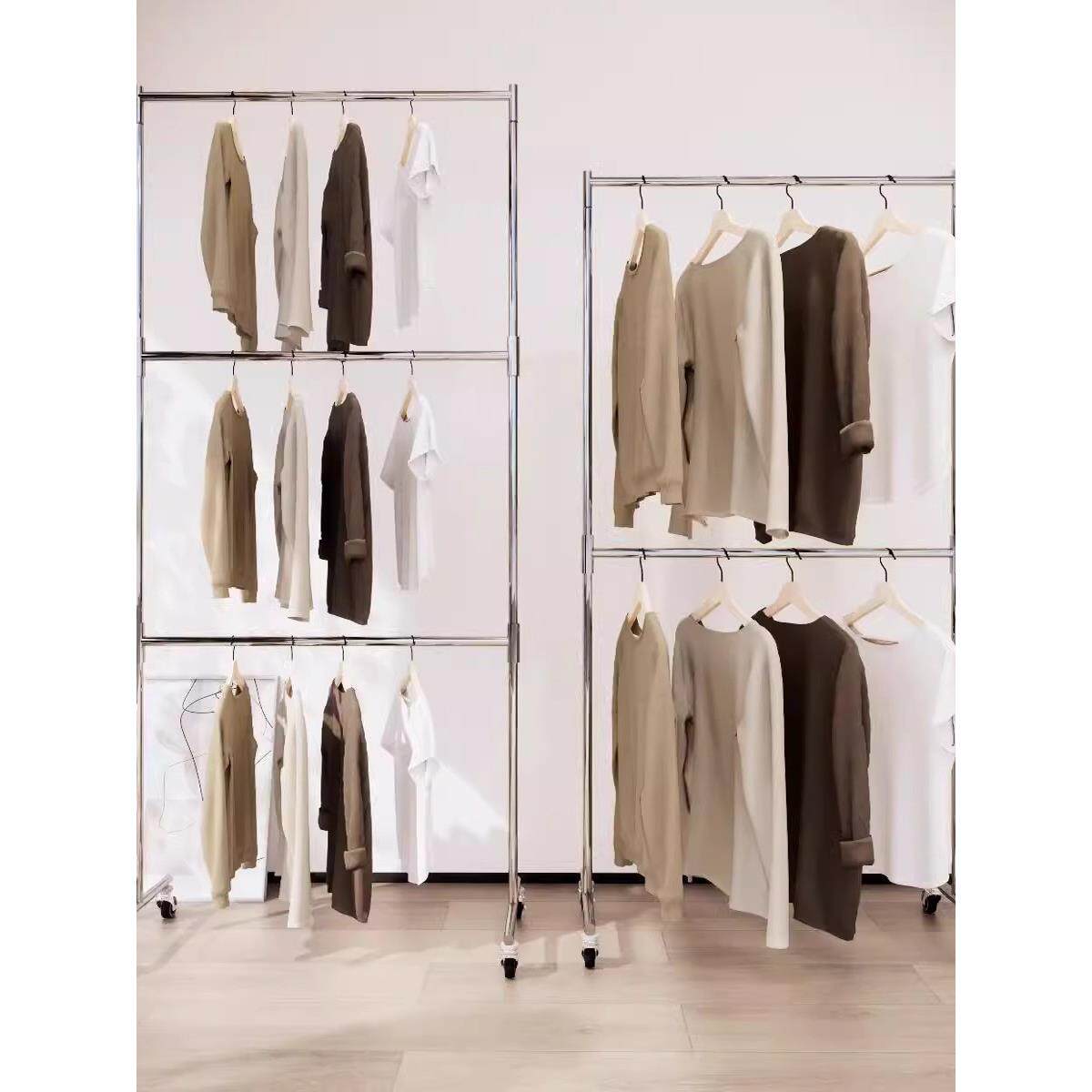 服装店多层不锈钢展示架落地带轮子可移动挂衣架裤架家用收纳神器