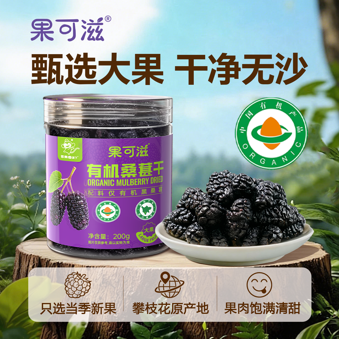 【果可滋】有机桑葚干200g*2罐精选大果无沙免洗黑桑葚干即食泡水
