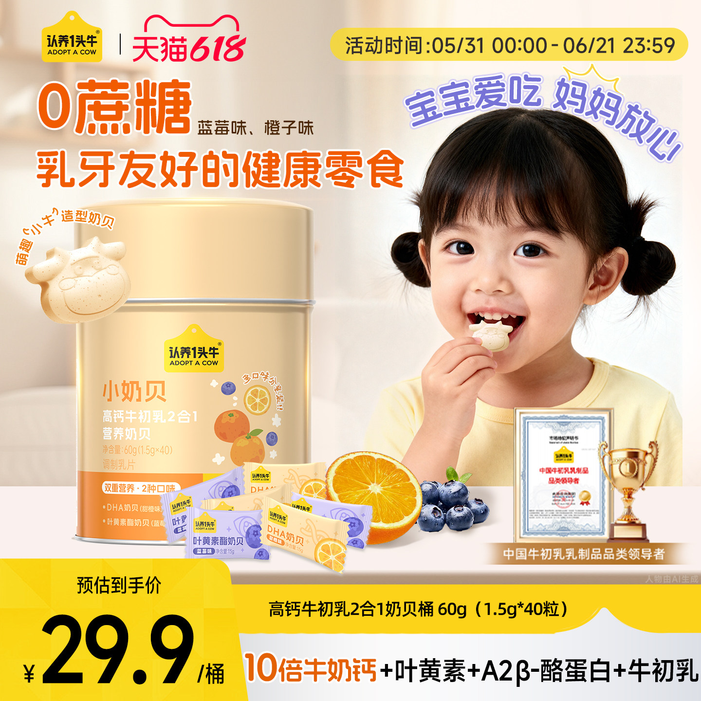 认养一头牛高钙牛初乳2合1小奶贝40片DHA叶黄素健康零食儿童奶片