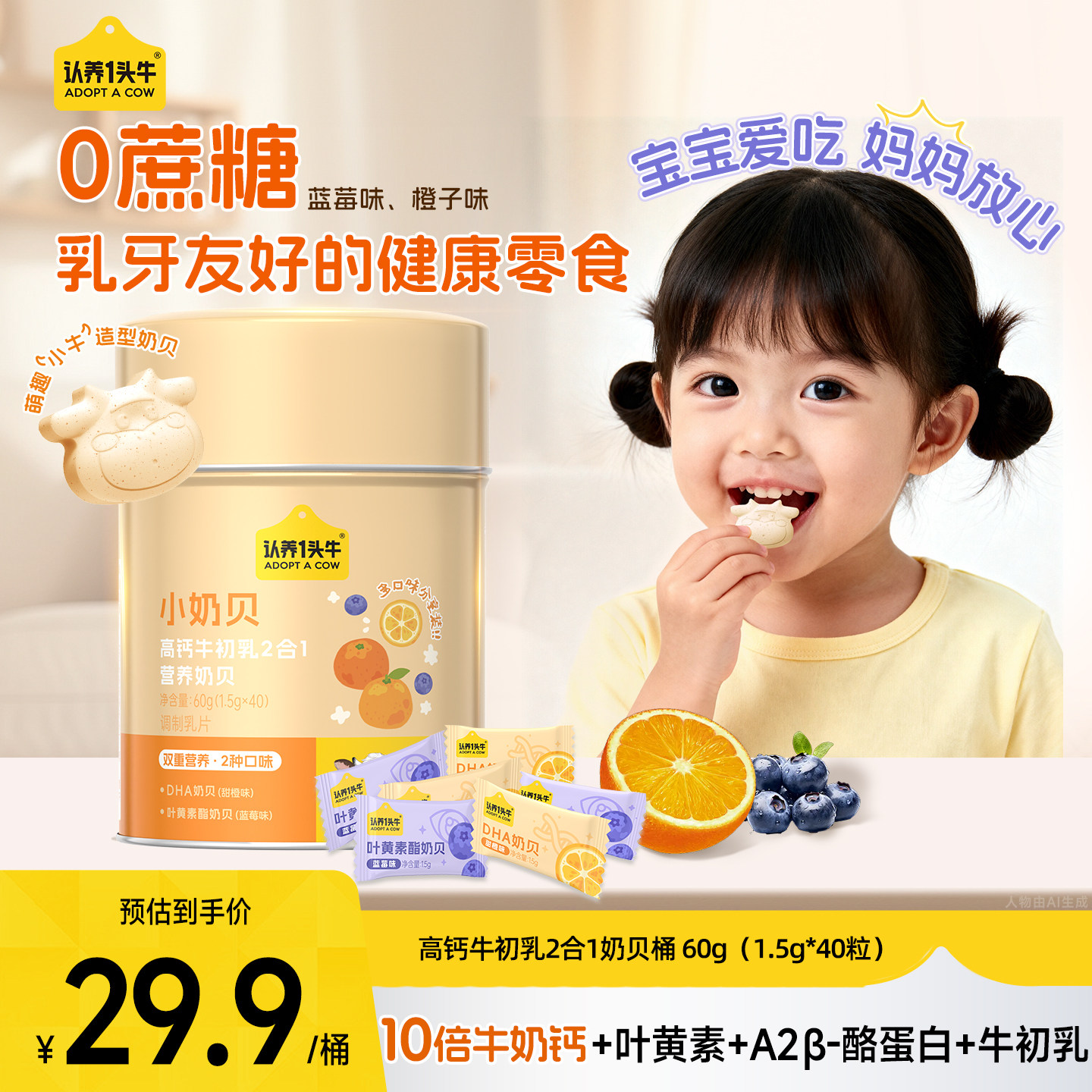 认养一头牛高钙牛初乳2合1小奶贝40片DHA叶黄素健康零食儿童奶片