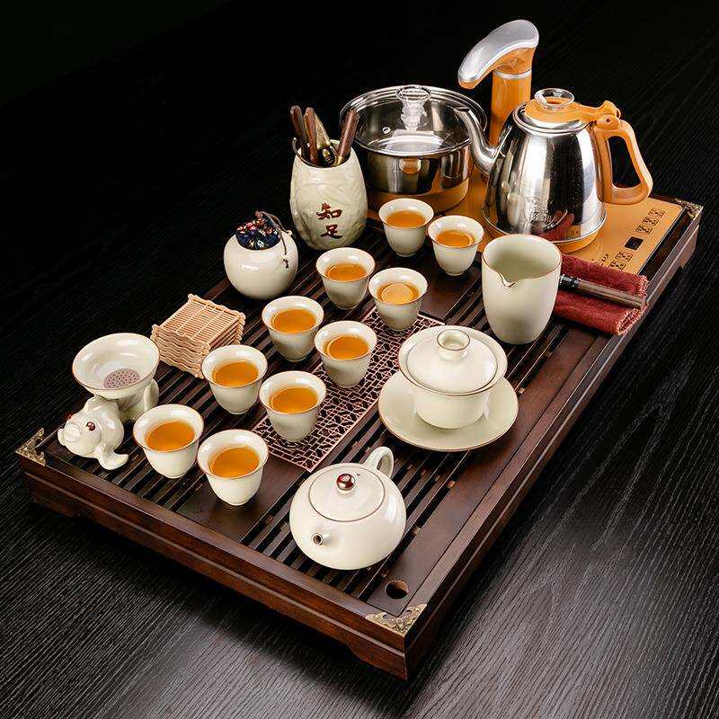 窗花实木茶盘整套汝窑陶瓷茶具套装家用办公室四合一全自动上水