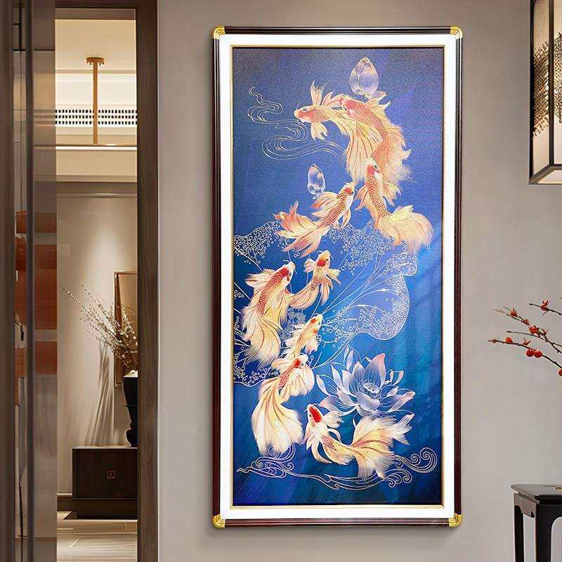 浮雕描金荷花九鱼图新中式玄关装饰画3DUV打印立体肌理过道挂画