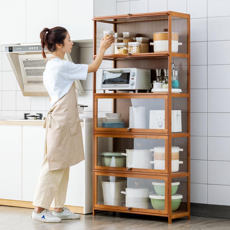 厨房用品收纳柜子落地多层多功能置物架带门厨具餐具储物柜书架木