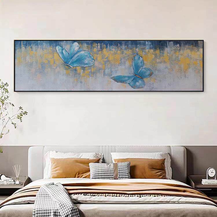 双宿双飞蝴蝶纯手绘油画现代卧室床头横幅长条装饰画肌理金箔挂画