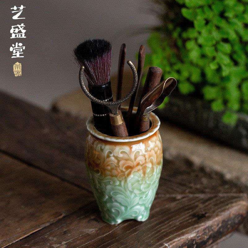 青瓷花瓶插花器茶道六君子筒茶桌艺术花瓶插花瓶茶道瓶花器茶具