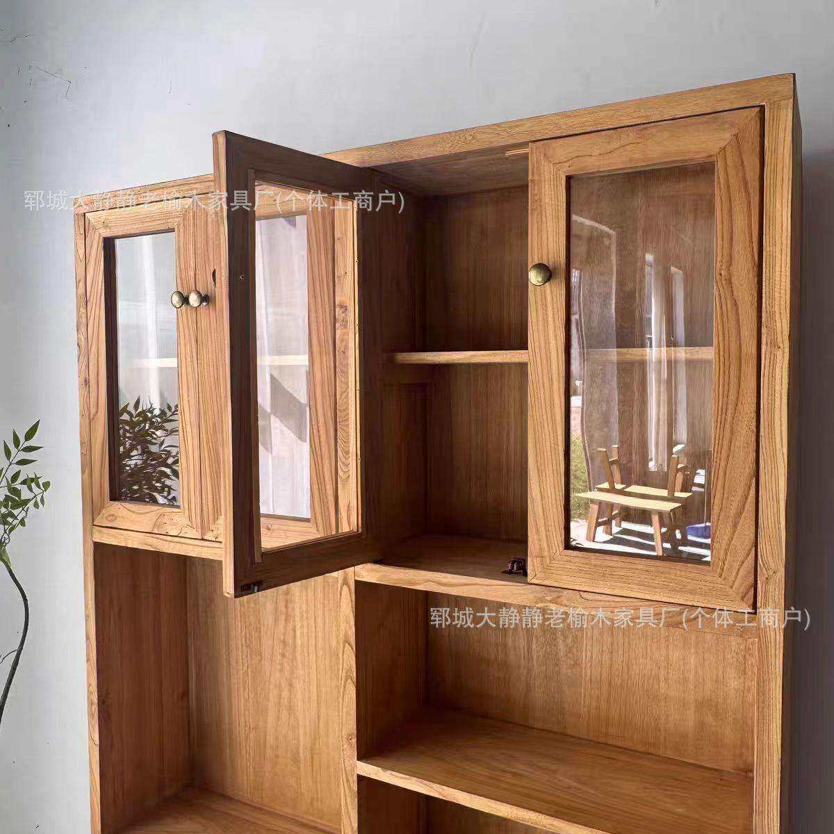 老榆木书柜靠墙书桌书柜一体组合原木书架简约书橱书桌柜