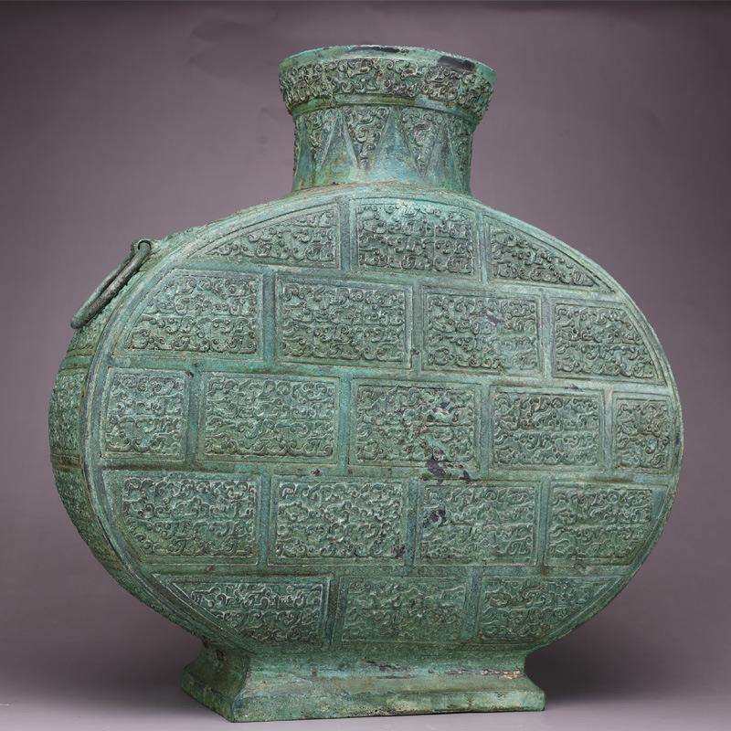 仿古青铜云纹扁壶摆件花瓶客厅酒柜家居艺术品纯铜收藏品