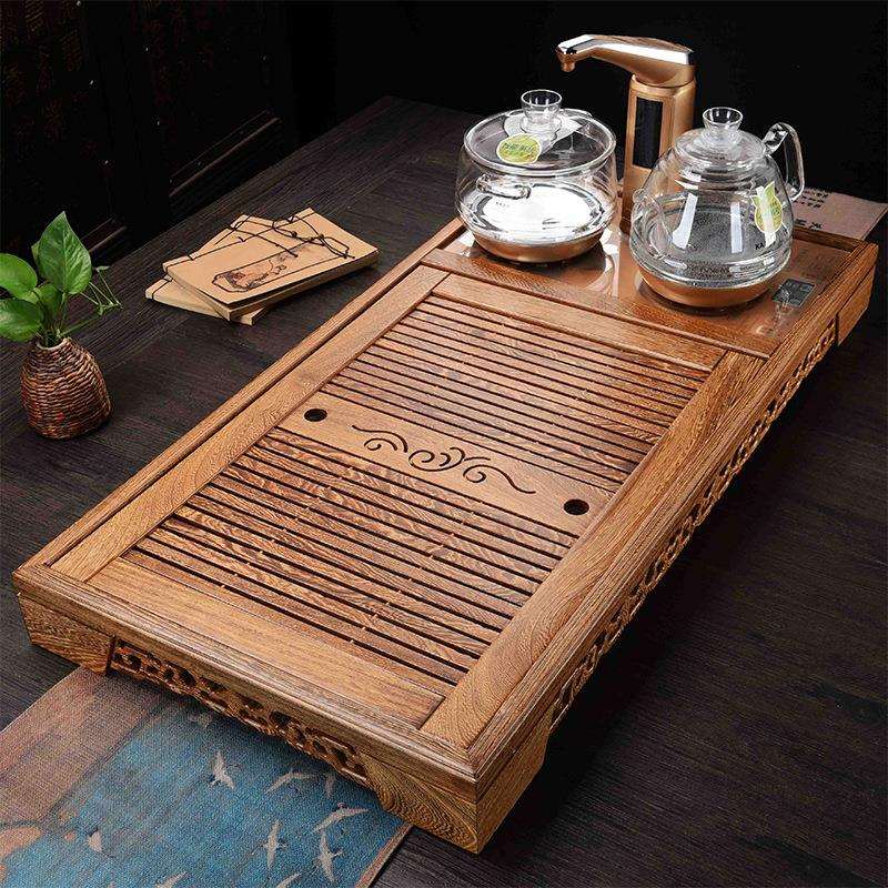 鸡翅木茶盘框架四合一电茶炉茶台实木瓷石搭配茶具套装茶海茶托盘