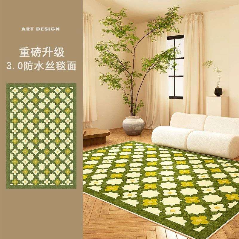 现代中古风客厅绿色格子地毯美式沙发茶几毯防水防污耐脏卧室地垫