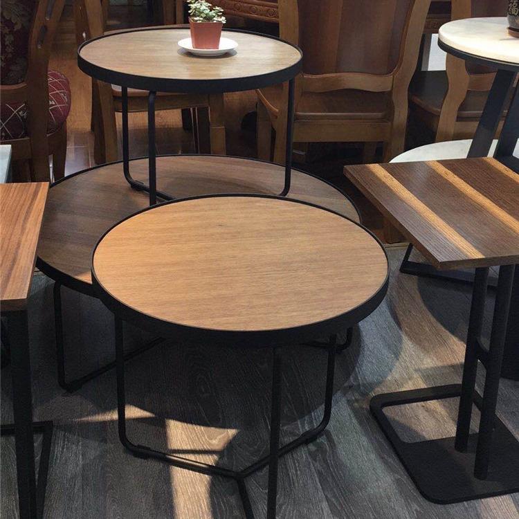 极简设计师组合茶几loft胡桃木贴面线条圆形金属圆几黑色金属茶几