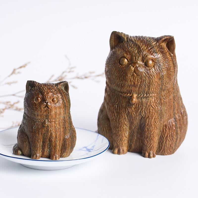 纯然绿檀木原木雕刻招财猫摆饰可爱茶桌茶宠文玩手把件木质工艺品