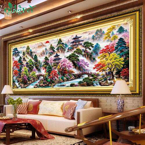 青飞精准印布仙境人家十字绣风景画客厅大气挂画山水画刺绣非成品