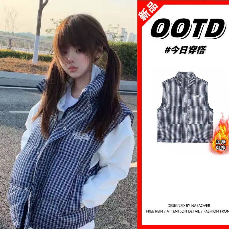 美式复古刺绣撞色格子棉马甲秋冬男女情侣款无袖上衣韩版加厚外套