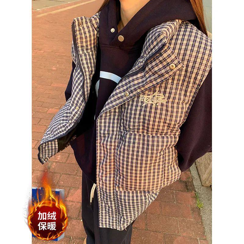 冬季叠穿加厚格子无袖棉服潮男小众高级感宽松开衫马甲外套女情侣