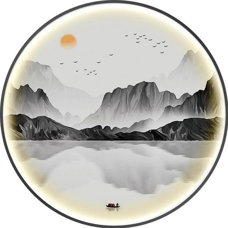 新中式圆形禅意山水装饰画入户玄关客厅茶室发光晶瓷壁画led灯画