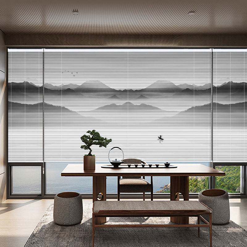 百叶窗帘山水印花办公室书房客厅厨房浴室遮光拉珠免打孔电动智能