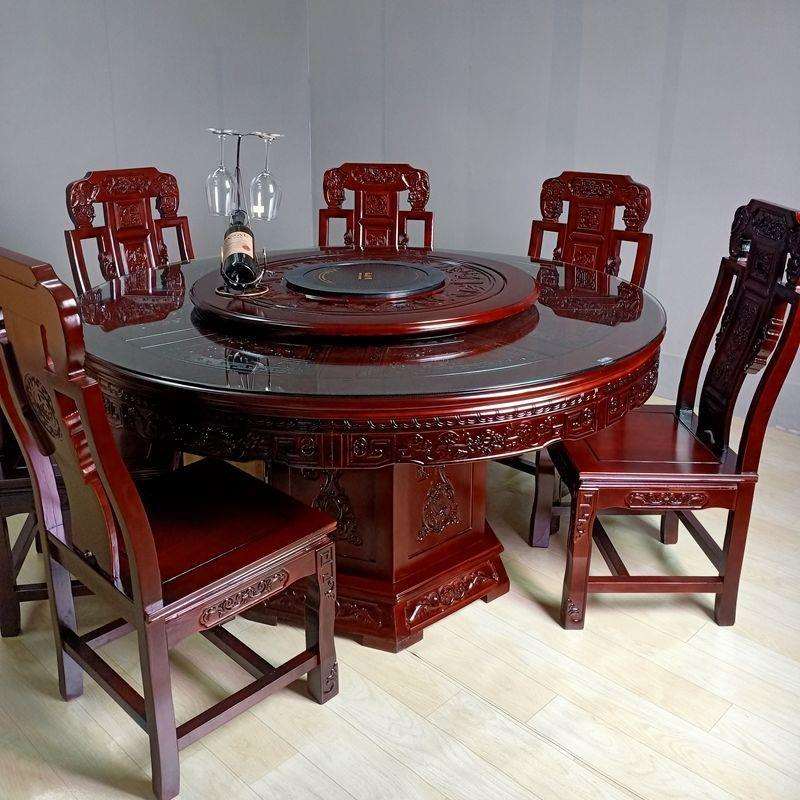 火锅饭桌全实木餐桌椅组合带电磁炉电动转盘圆形中式雕花酒店家用