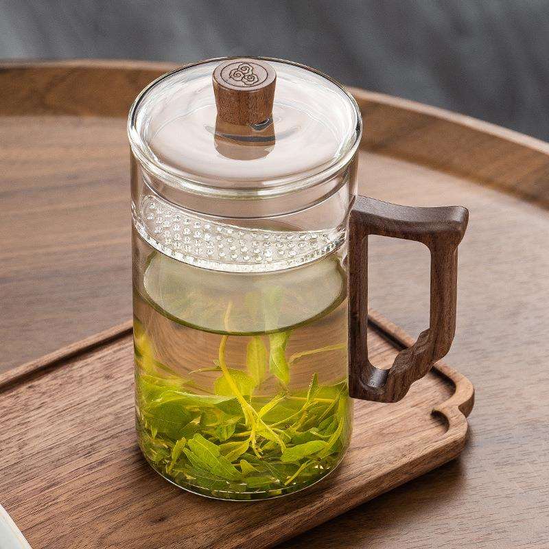 耐高温玻璃茶杯高硼硅材质绿茶杯月牙过滤一体泡茶杯家用木把杯子