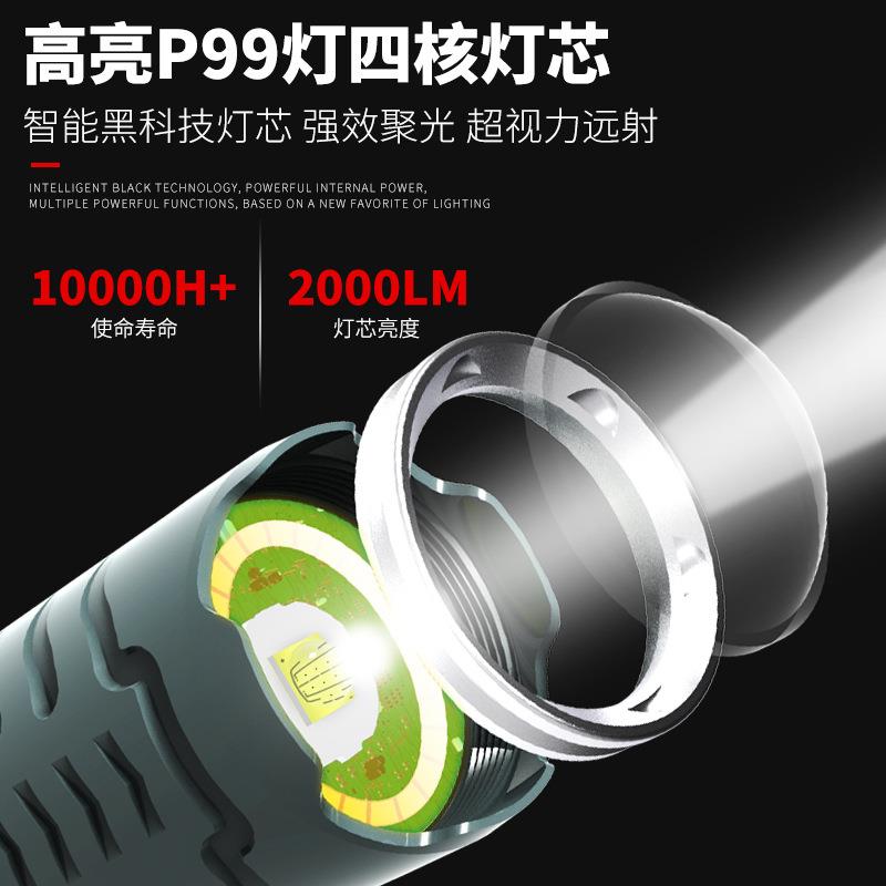 P99强光LED手电 COB侧灯电量显示带磁铁安全锤变焦超亮照明