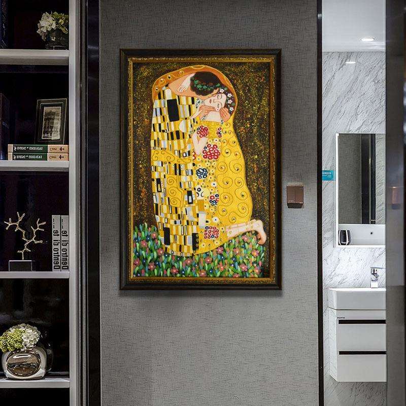接吻克里姆特The Kiss油画酒店客厅挂画名画纯手工绘画欧式装饰画