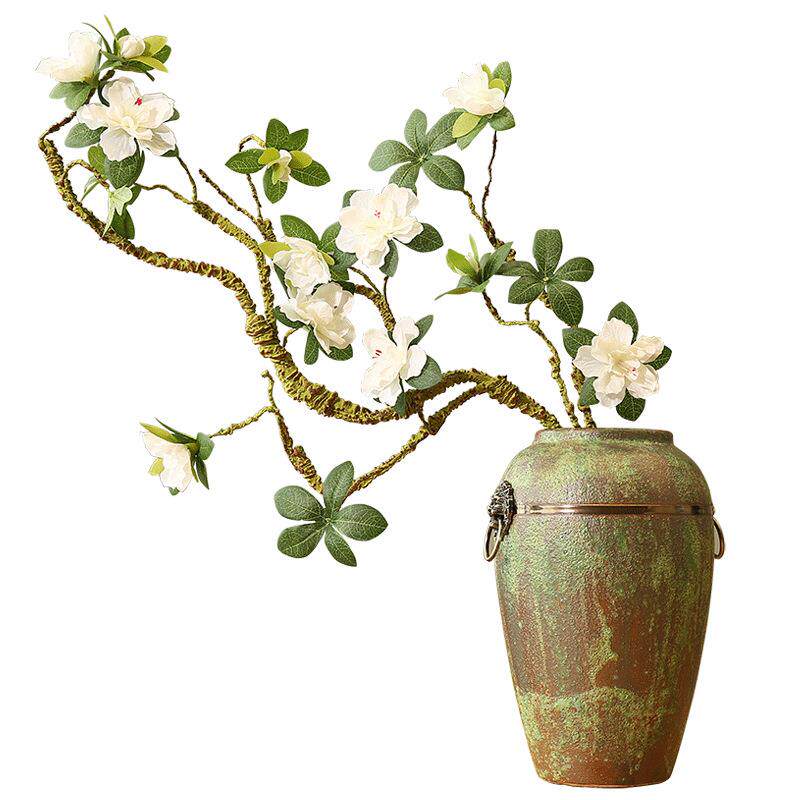 铜环陶瓷陶罐粗陶复古做旧仿真干花瓶摆件客厅插花家居创意装饰品