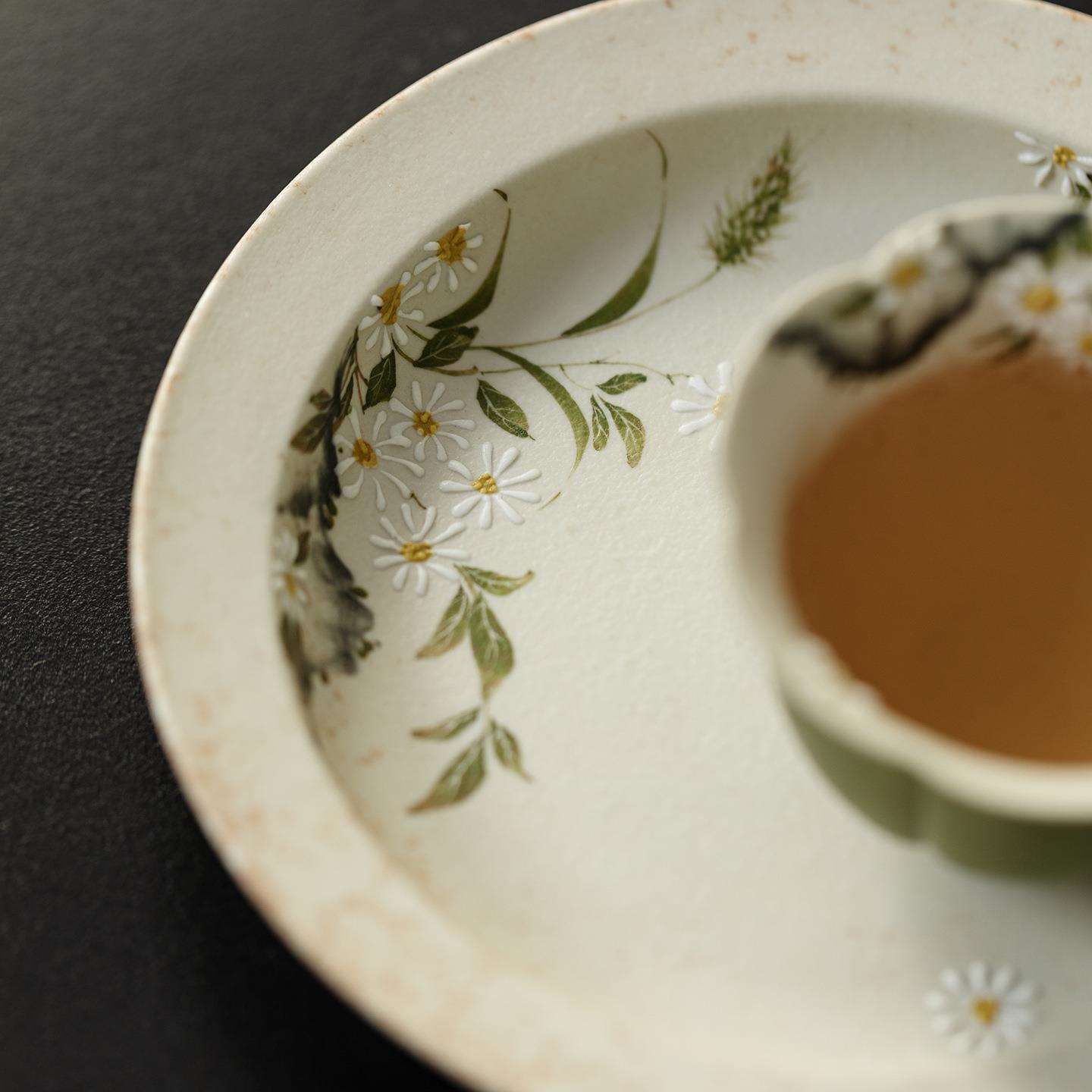 弥言小青柑手绘雏菊陶瓷壶承家用圆形干泡盘小茶台茶道配件茶点盘