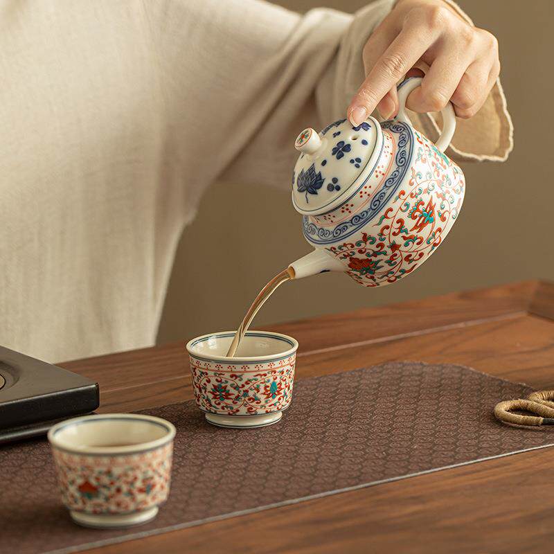 仿古红绿缠枝莲浮雕纹茶壶茶杯一壶两杯家用茶具套装泡茶壶品茗杯