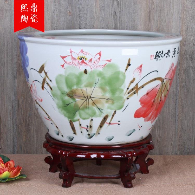 景德镇陶瓷鱼缸手绘窑变裂纹荷花金鱼缸 睡莲乌龟缸家居摆件