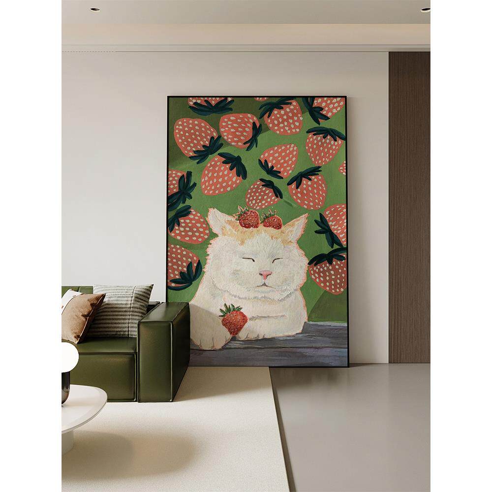 复古怀旧《草莓小猫》可爱玄关儿童房装饰画客厅沙发落地手绘油画