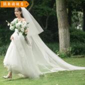 新款 双层四层新娘头纱米长白色超长拖尾主婚纱配饰带发