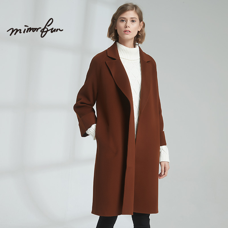M/RRORFUN 冬装新款简单大气翻边袖双面呢大衣中长款双面绒大衣