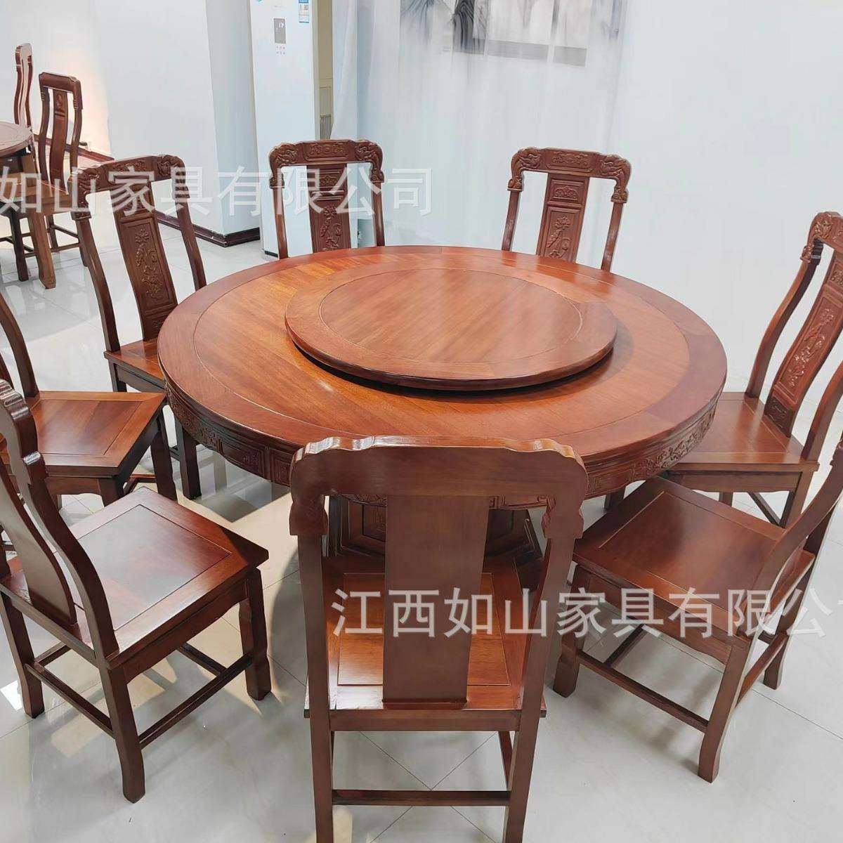 花梨木餐桌椅组合古典雕花餐厅中式带转盘圆形16人大圆桌酒店家具