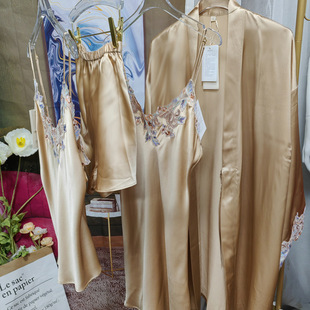 金驼色2023年新款LP重磅真丝睡衣00桑蚕丝睡袍吊带蕾丝晨浴袍套装