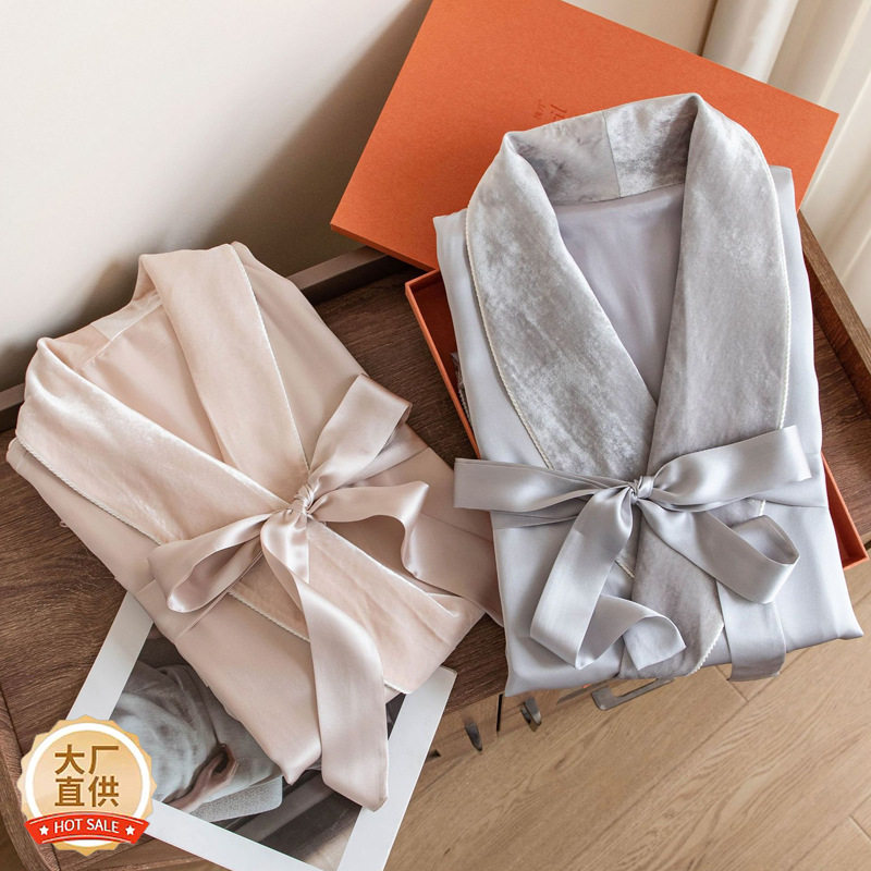 男女款情侣重磅真丝拼接丝绒双层睡袍春秋款桑蚕丝高级感丝绸长袖