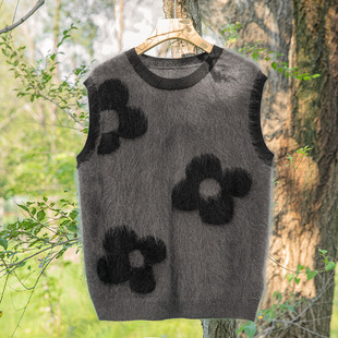100纯山羊绒拉绒花朵拼色圆领马甲叠穿背心无袖2025秋冬新款女