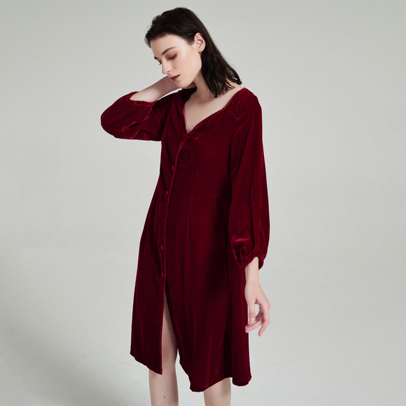 V领丝绒睡裙女优雅气质长袖法式睡裙家居服现货真丝内衬丝绒睡袍