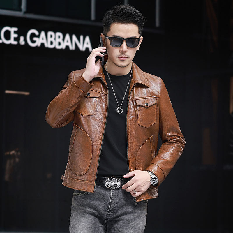 新款青年男士皮夹克真皮翻领春秋季薄款单装皮外套短款休闲海宁潮