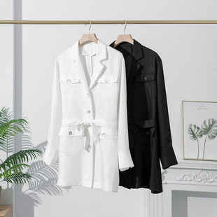 春季新款真丝外套女款长袖西装翻领通勤西服宽松中长款桑蚕丝女装