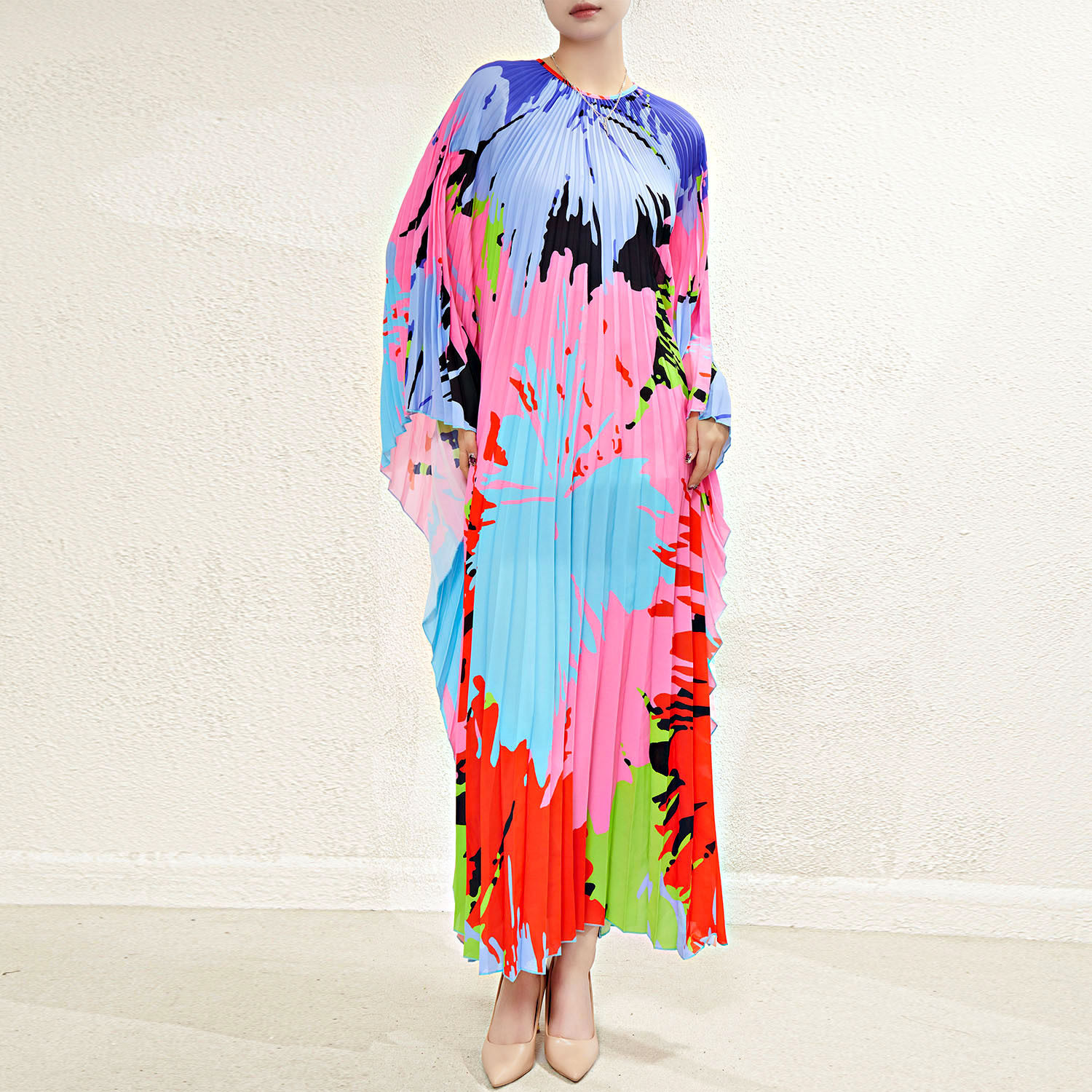 褶皱宽松不规则中长款连衣裙三宅2023秋季大码女装欧美百褶裙